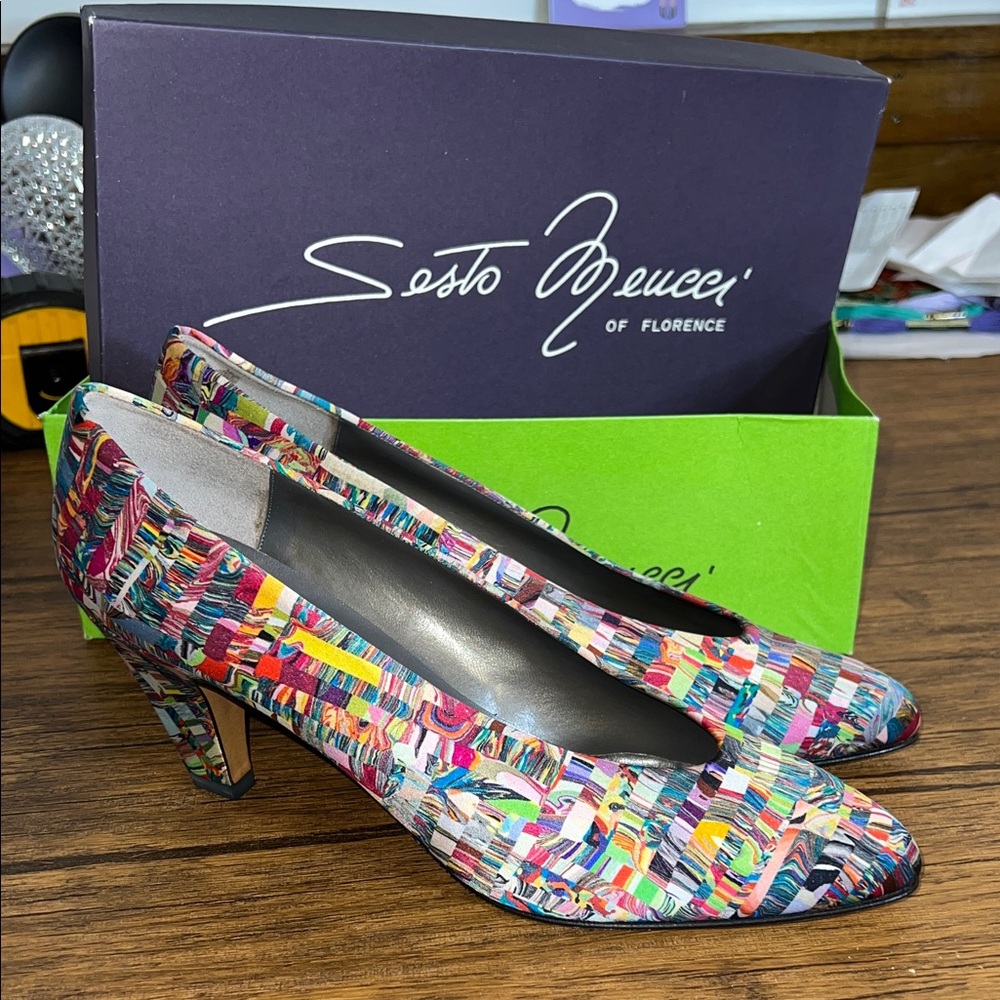 NWT Deadstock Vintage Sesto Meucci Colorful Silk‎ Women's Heels- 9.5